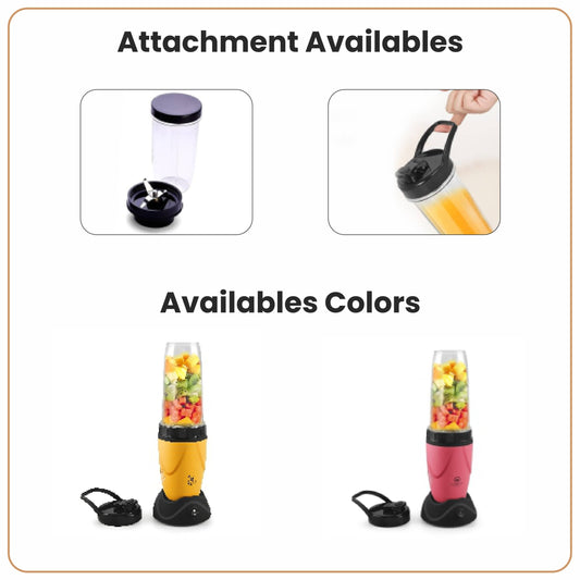 Blender with attachments and available colors displayed on a white background