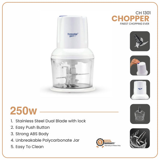 White chopper with features listed on a white background