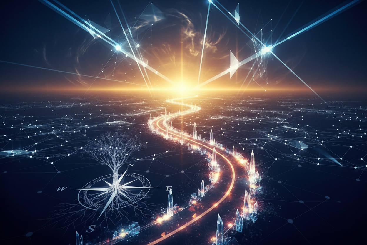 Futuristic cityscape with glowing roads and advanced technology