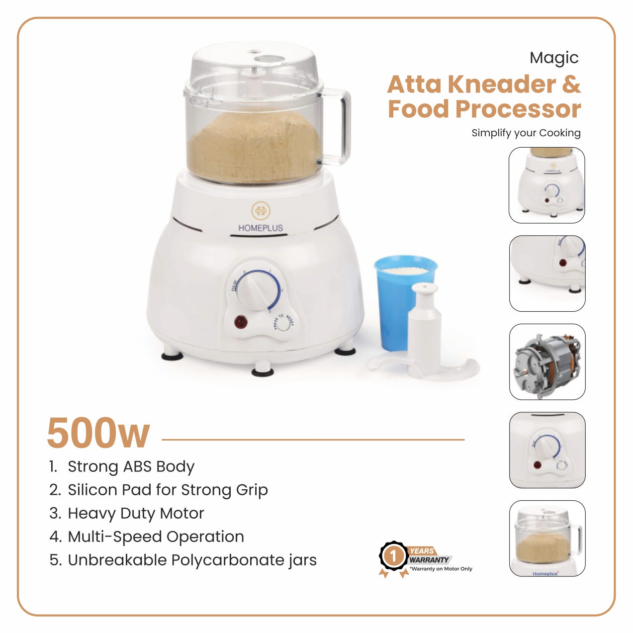 Homeplus Magic Atta Kneader & Food Processor with features listed on a white background