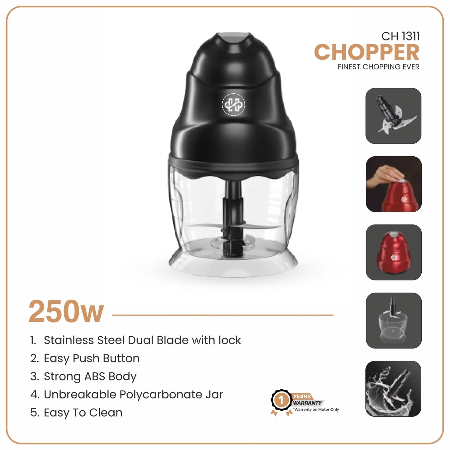 Black chopper with features listed on a white background