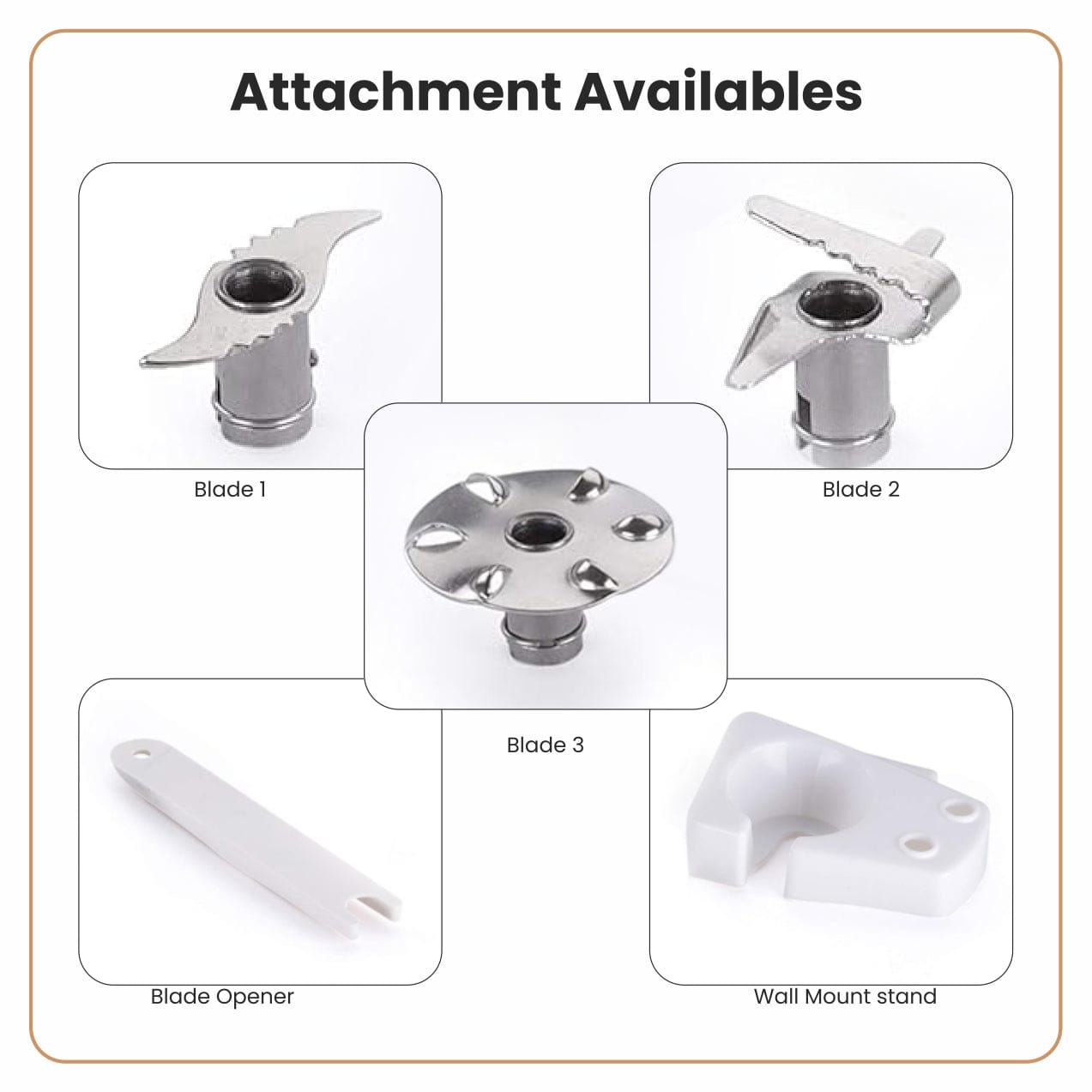 Various attachments including blades and a wall mount stand on a white background