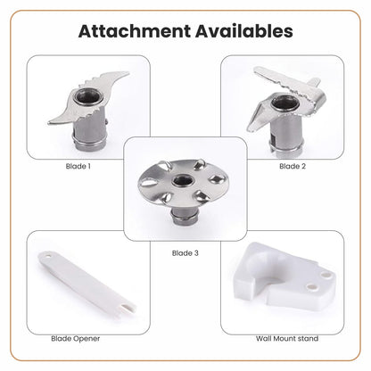 Various attachments including blades and a wall mount stand on a white background