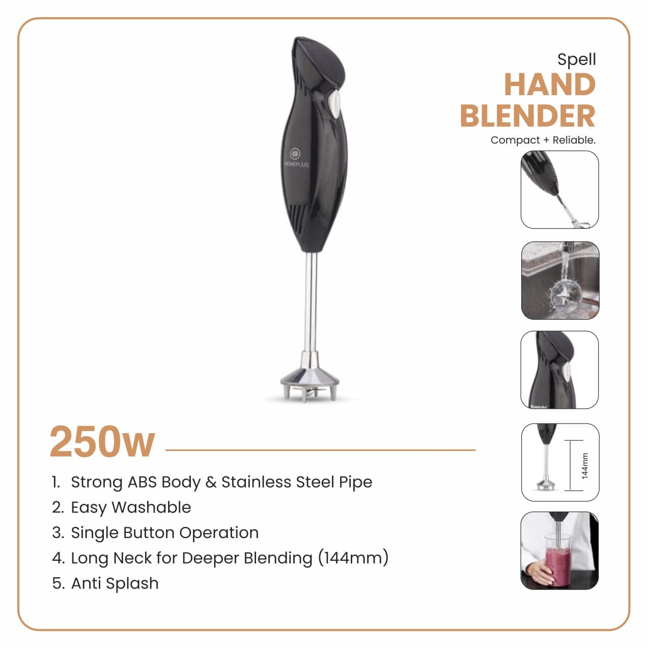 Hand blender with features listed on a white background