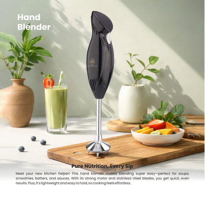 Homeplus hand blender on a kitchen counter with a smoothie, fruits, and plants in the background.