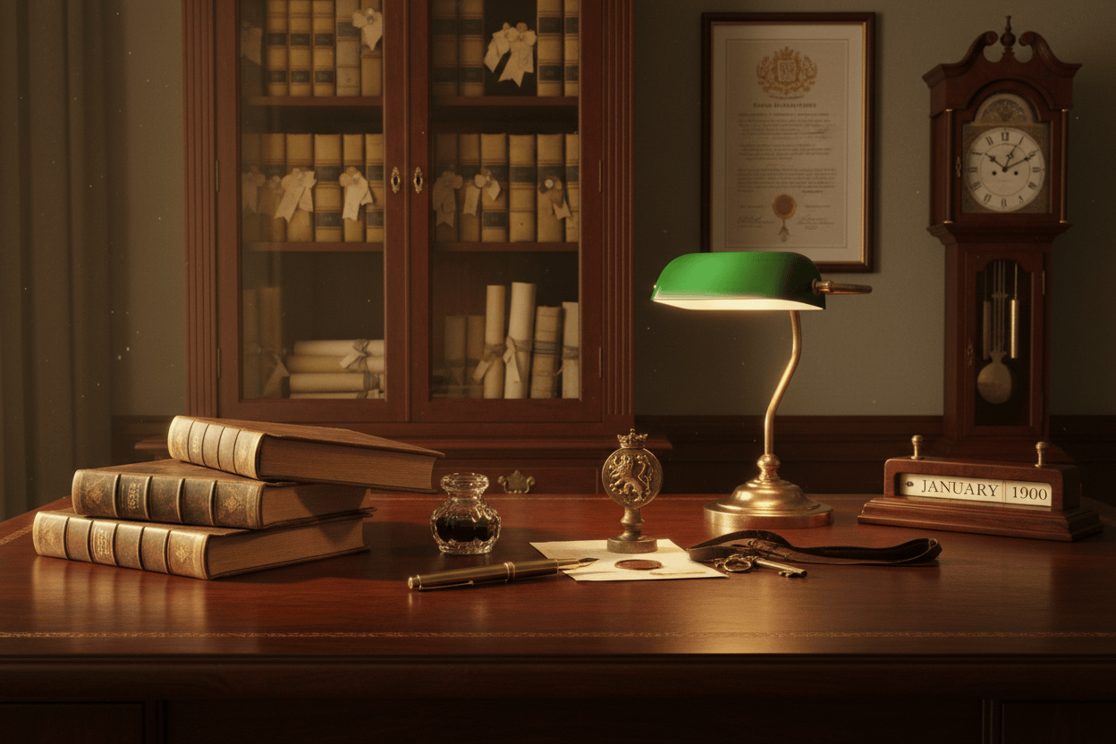 Wooden desk with books, a lamp, and a clock in a room with bookshelves and a framed document.