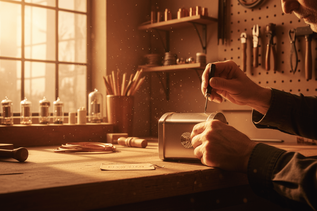 Person working on a small metal box with tools in a workshop setting.