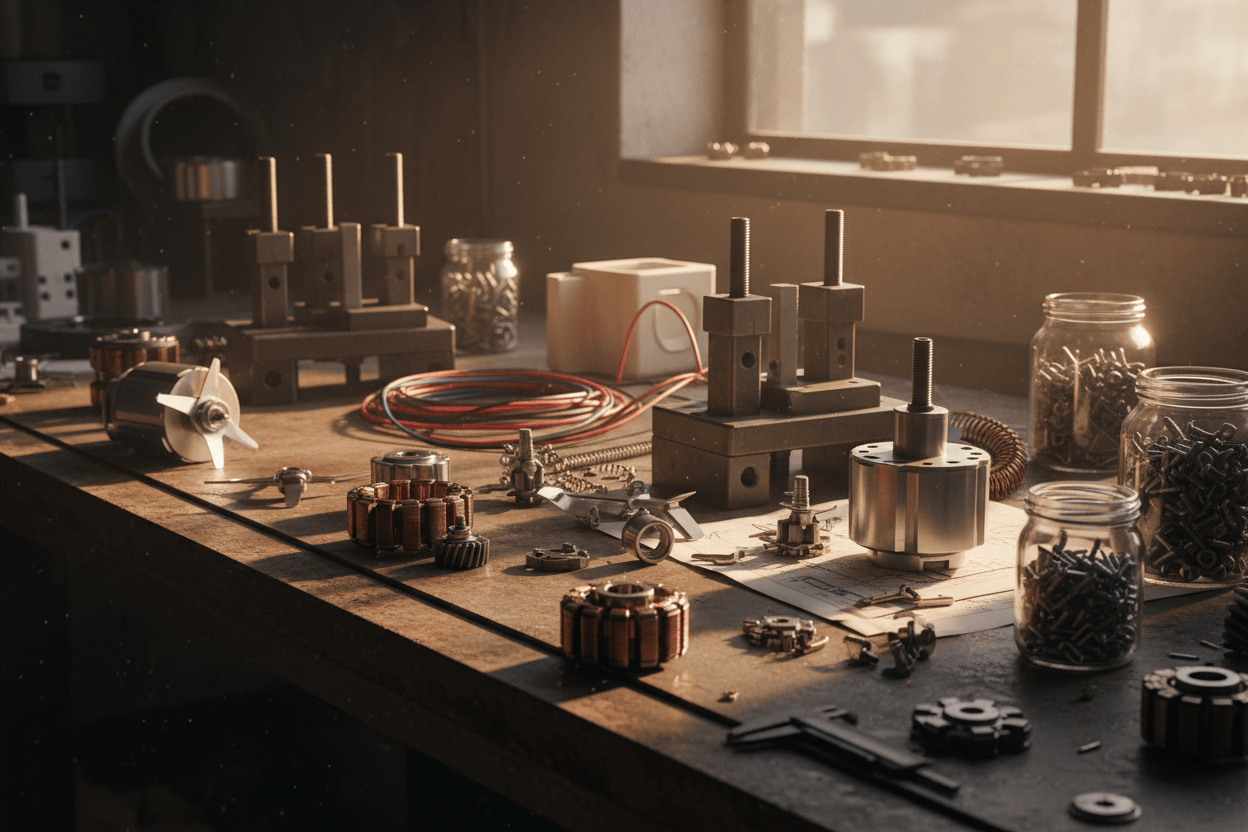 Workbench with mechanical parts and tools in a workshop setting