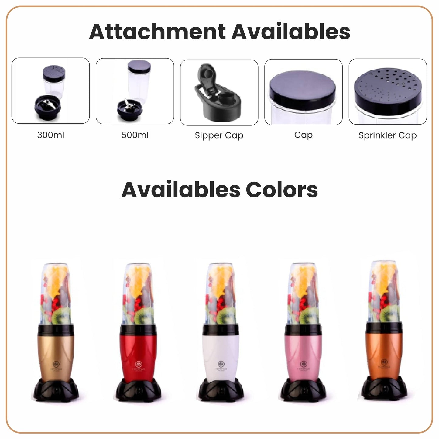Attachments and color options for a portable blender with images of the blender filled with fruits.