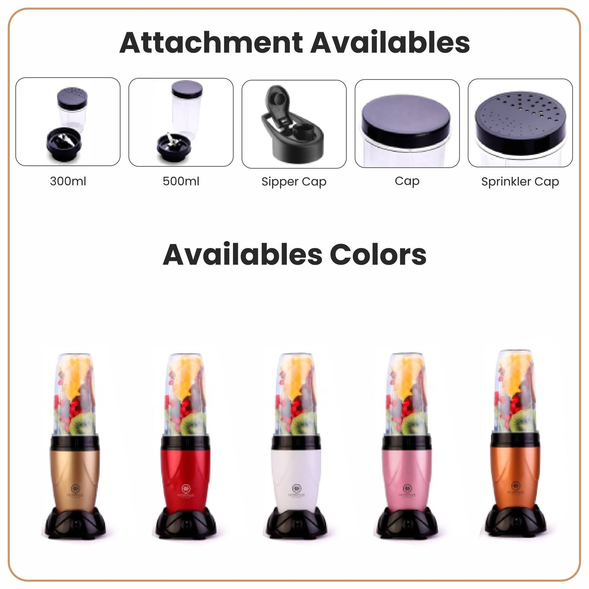 Attachments and color options for a portable blender with images of the blender filled with fruits.
