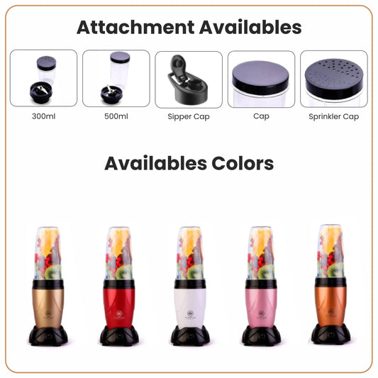 Attachments and color options for a portable blender with images of the blender filled with fruits.