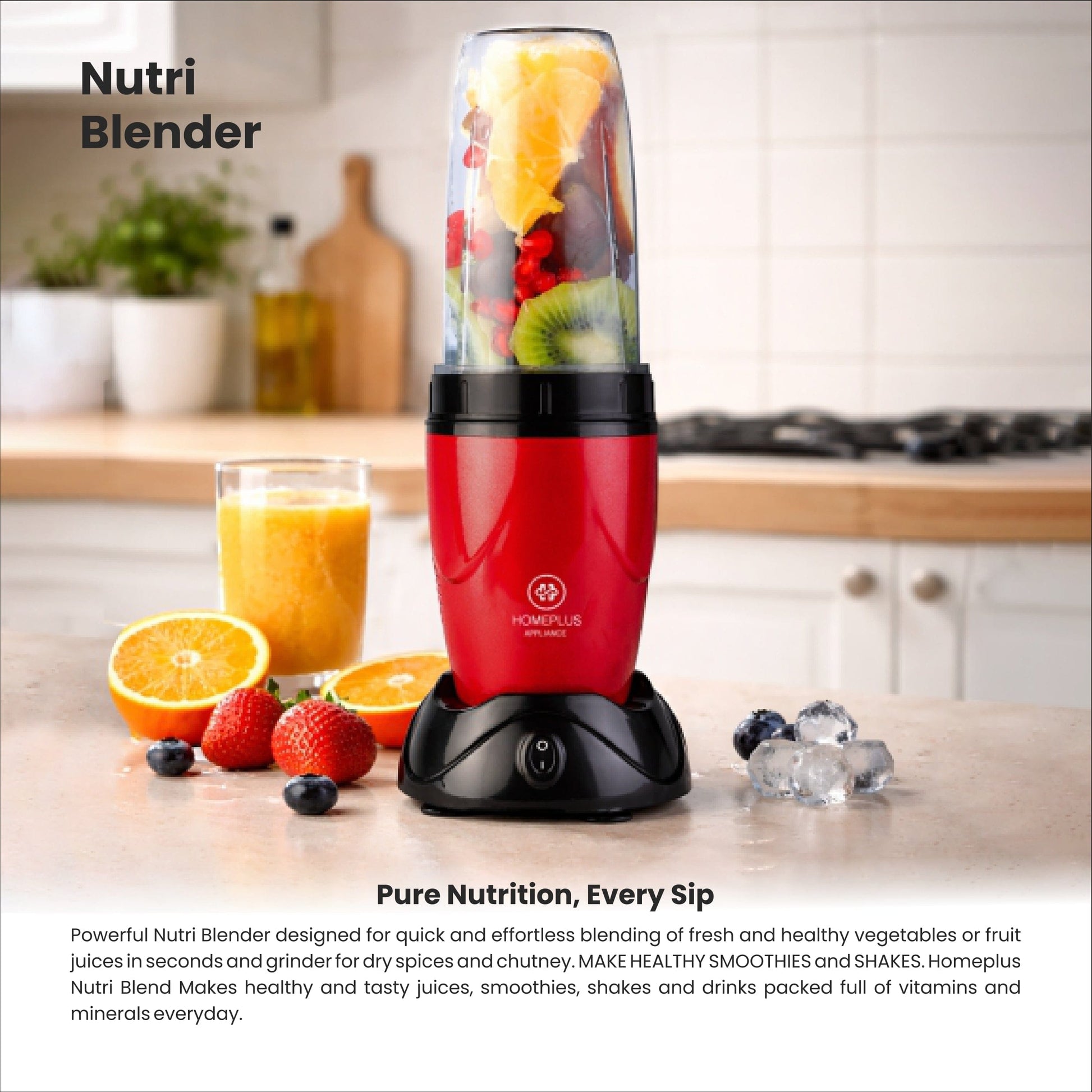 Red Nutri Blender with ingredients on a kitchen counter, displaying a glass of juice.