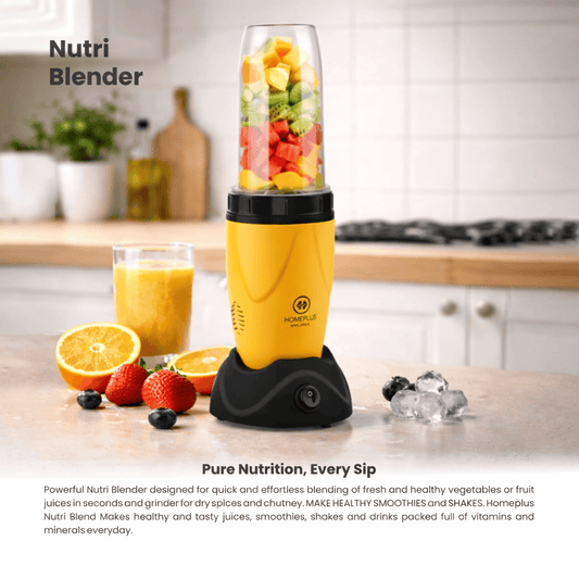 Yellow Nutri Blender with ingredients on a kitchen counter